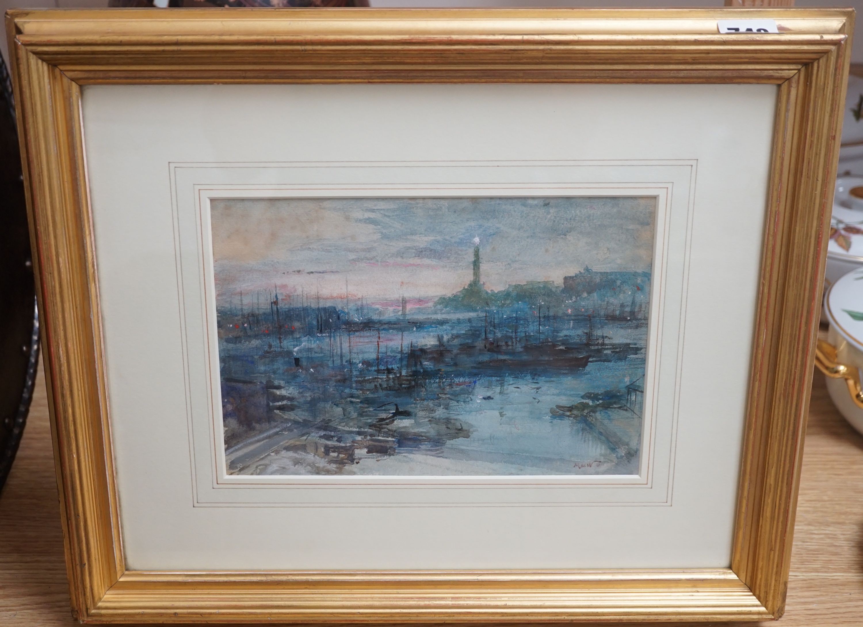 John Macwhirter (1839-1911), Genoa harbour at dusk, watercolour, signed initials, 17.15 x 25cm